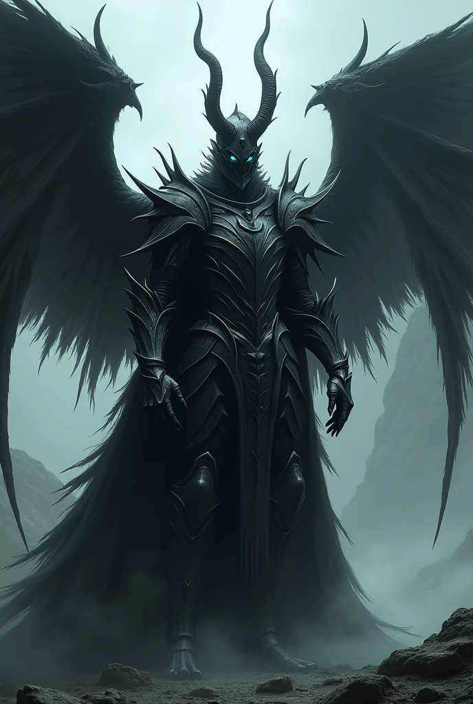 Personnage inspiré d'un chevalier noir avec des ailes grand est noir une armure avec des tréne ténébreuses déçu est un casque menaçant avec des corne déçu 