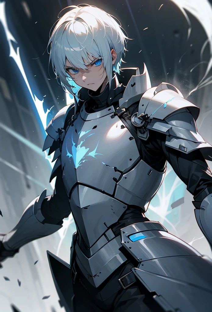 Knight with short white hair, blue eyes, white iron armor, with a hole in the chest, sharp arm armor, tall, angry face, full of lightning, cool, breathing vapor.