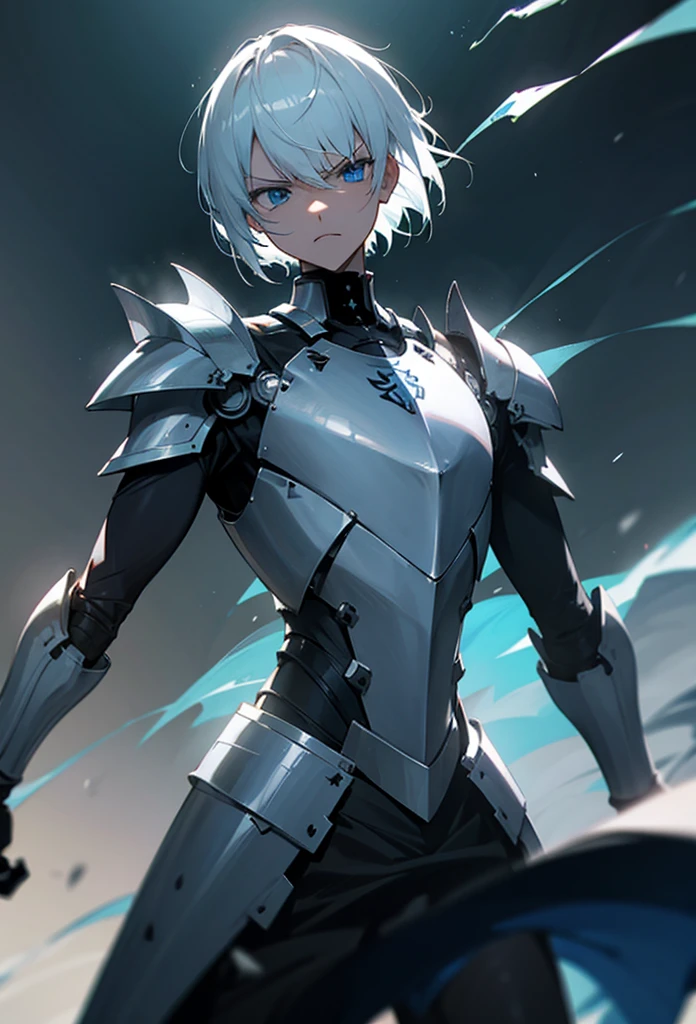 Knight with short white hair, blue eyes, white iron armor, with a hole in the chest, sharp arm armor, tall, angry face, full of lightning, cool, breathing vapor.