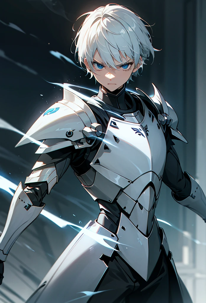 Knight with short white hair, blue eyes, white iron armor, with a hole in the chest, sharp arm armor, tall, angry face, full of lightning, cool, breathing vapor.
