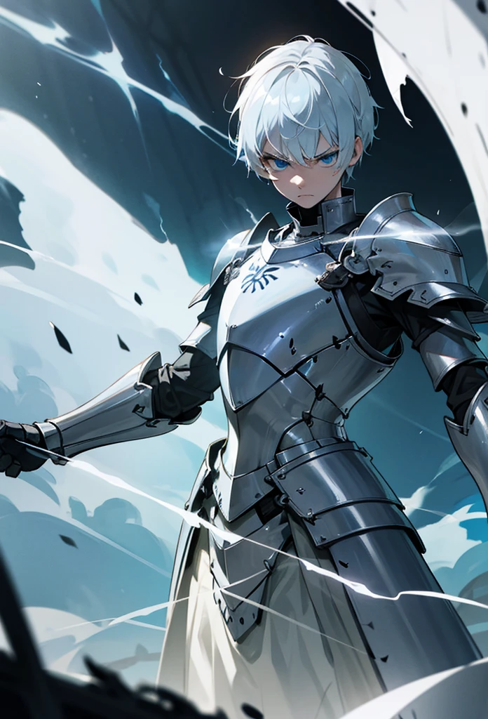 Knight with short white hair, blue eyes, white iron armor, with a hole in the chest, sharp arm armor, tall, angry face, full of lightning, cool, breathing vapor.