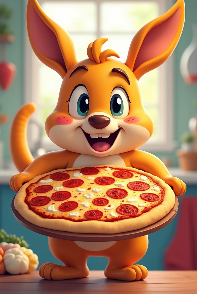 Image with some cartoon character holding a pizza 