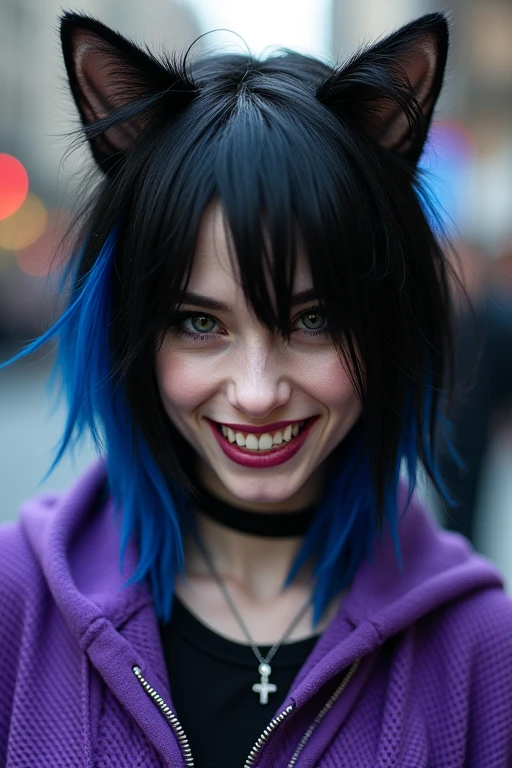 The photo shows a man with shoulder-length black hair, blue inner hair at the back, a purple mesh hoodie, and a cat-like, androgynous appearance, grinning and showing his teeth, as if he was photographed on the street.