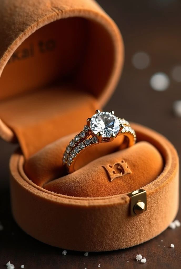 pair of gold-colored wedding and engagement rings in a velvet box, the men&#39;s ring is simple, however, it matches the women&#39;s ring. The women&#39;s ring has a shiny minimalist diamond stone reminiscent of a flower and around it a very soft and delicate braided finish with small diamonds. The word is engraved inside the rings. "AKAI TO"