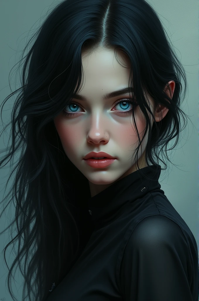 A woman with long black hair and blue eyes