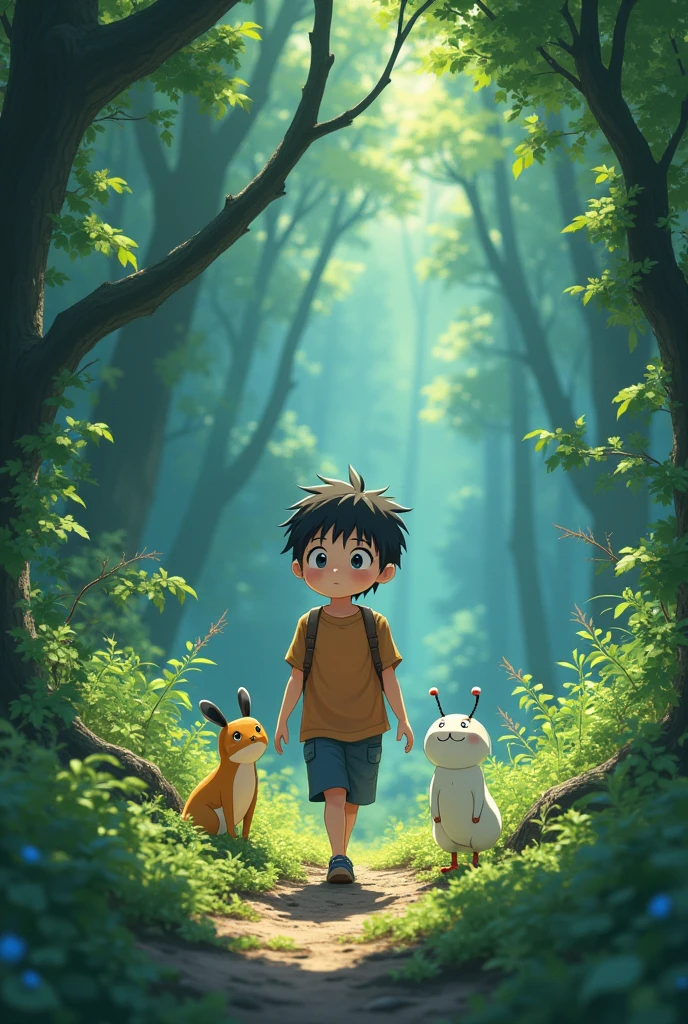 "Ghibli style anime boy with bright eyes, exploring a lush forest filled with magical creatures. Serene mood, close-up shot."