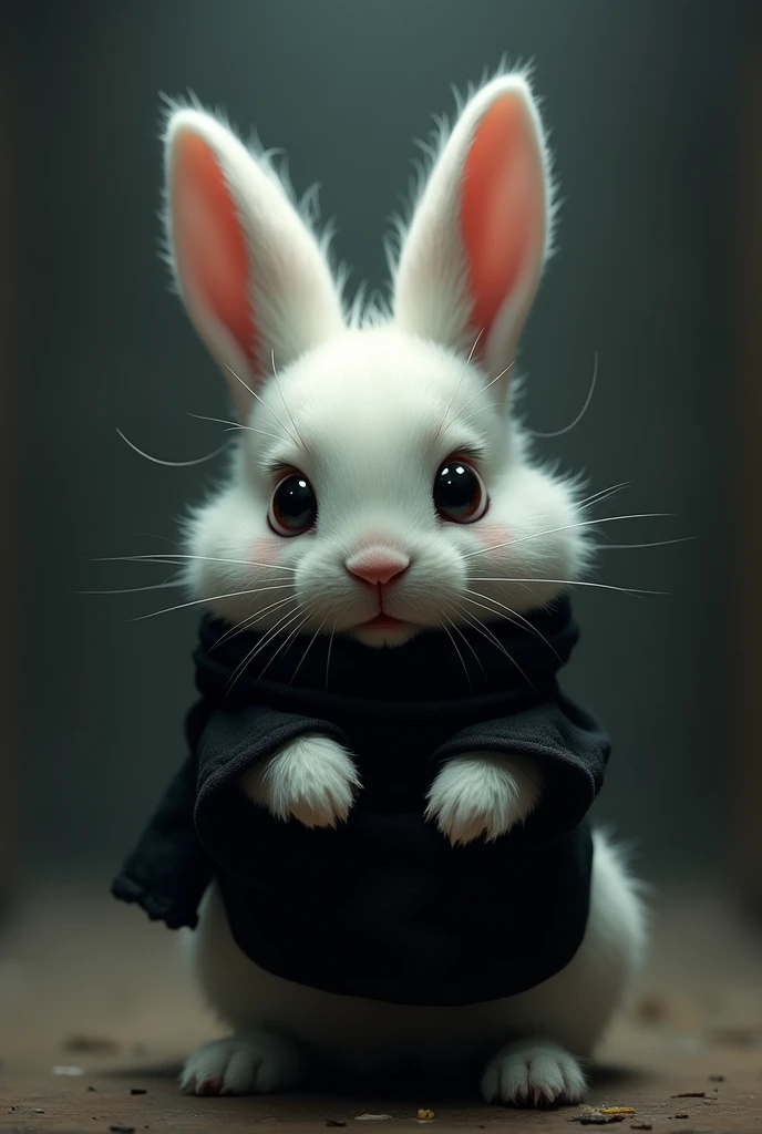 cute rabbit kidnapped tied with black cloth taking selfie