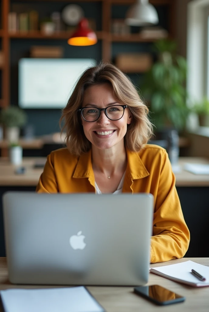 Color photo of a happy white American woman wearing glasses, working on a laptop in an office, capturing her cheerful demeanor and focused work environment, natural and realistic portrait, mobile photograph, camera settings: iPhone 12 Pro, VSCO Cam app, indoor lighting.