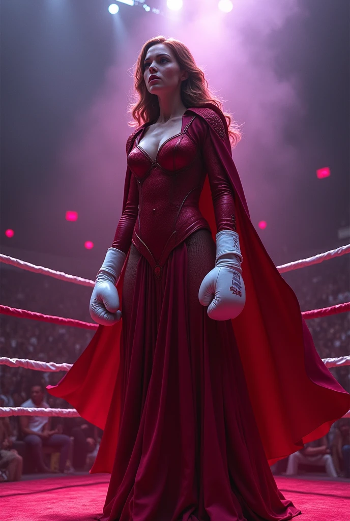 a boxing ring, scarlet witch, wearing white boxing gloves, wearing witch costume