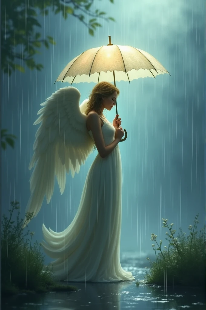 Angel under the rain with umbrella