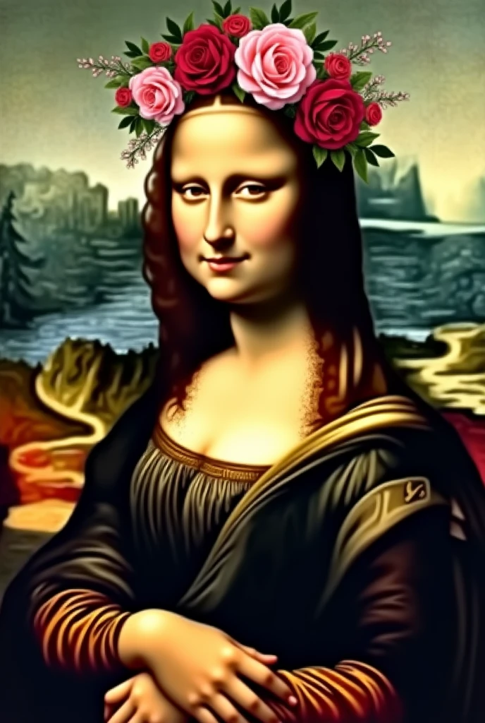 I have a drawing for art class, I want the Mona Lisa design but with a different detail, which is a rose flower tiara., can change the aesthetics of the Mona Lisa a little