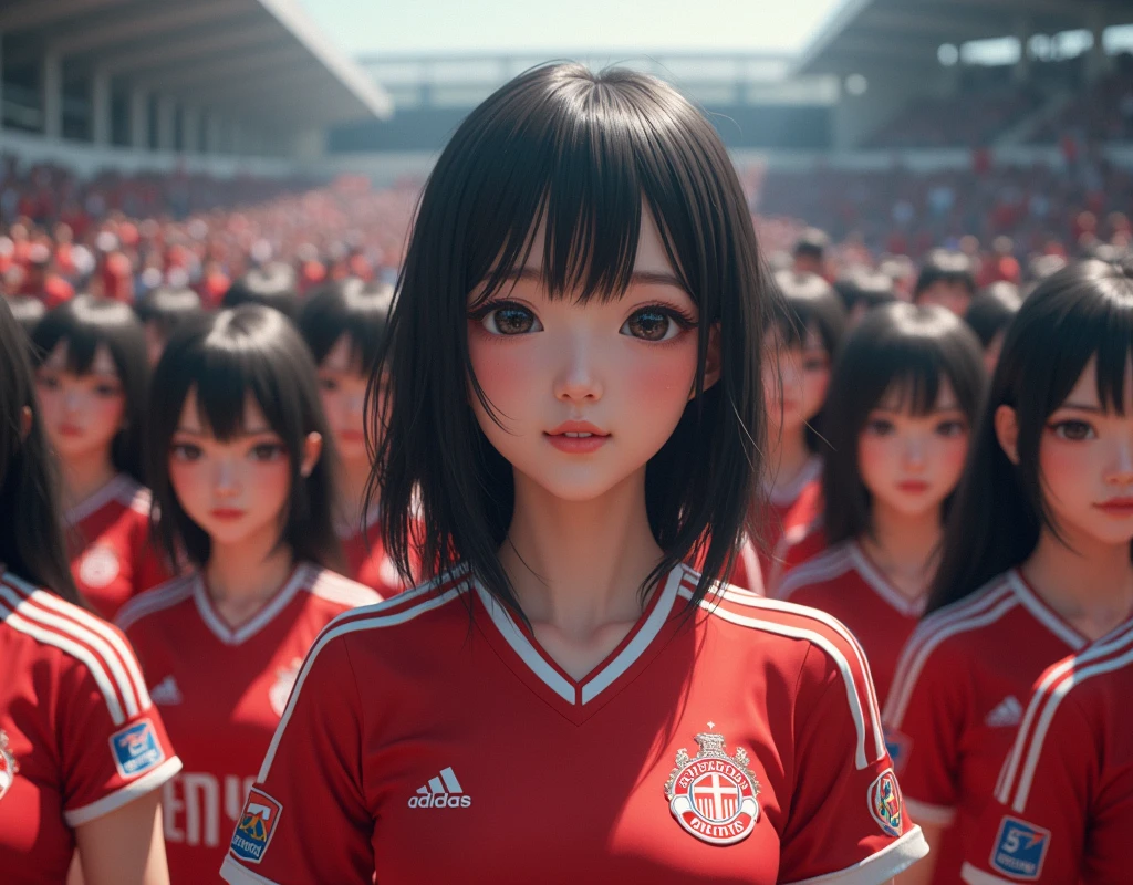 (No need for a center subject in the foreground), (Japanese Clone-girls=Myself), (Super Best masterpiece Clone-girls Raw Photography Art), (16K, Highest quality, Ultra-high resolution, RAW Photos), (It's so unrealistic., With unparalleled depiction, With an unfathomable sight, An unprecedented and shocking worldview, Clone-girls: In a world of mass reproduction, Ultra-realistic depiction), (Japanese Girls, ueto-aya, 25yo), (Small face, Thick black hair, Short Hair, Dark Eyes, Mature face, Cute Smile), (Exciting look), (Very beautiful and detailed girl, Accurate body structure, Accurate body movements, Very detailedボディ), (Super big breasts, Large bulge of ample breasts), (Replica soccer uniforms, Emphasise the fullness of your breasts), (Very detailed, Myself cloning, Depiction of splitting oneself, 1Myself girl→1,000,000,000,000,000,000,000,000,000,000Myself cloning girls), (Myself clone girlsは, With the same perfect appearance, to multiply in large numbers), (Very detailed描写で, Myself's multiplying female body, In the same female body,With the same face, With the same hairstyle, In the same clothes, At the same height, 同じSuper big breastsで, A completely indistinguishable female body, 1,000,000,000,000,000,000,000,000,000,000 people), (Myself girls only), (1,000,000,000,000,000,000,000,000,000,000Myself girls), In a packed auditorium, MyselfFootball supporter, Very detailed, A depiction of the excitement of victory, Myself in the crowd, Sharing the Joy, Wide-angle field of view