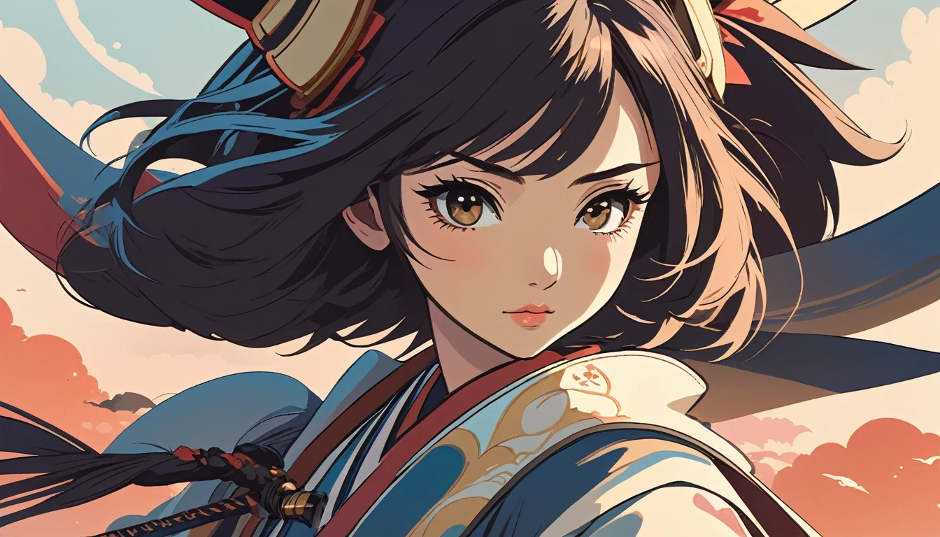 Female samurai、Wide-angle lens, Lofi Anime, Lofi illustration, Aesthetic atmosphere, Lo-Fi Style, Vector art, Flat Design, Simple shape, Warm tones, Pleasant atmosphere, Chill, In anime style, Digital drawing, Vector art, Vector logo for t-shirt printing, (Adorable:1.5), (small:1.4), (Playful:1.2), (soft:1.3), (Whimsical:1.1), masterpiece, Highest quality, 8k, Intricate details, grow, Celestial, Mysterious, Picturesque, amazing, Majestic, Magic, Fantasy art, Cover art, dream-like