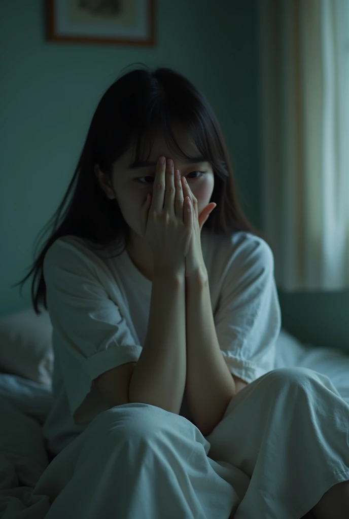 bed、Dimly lit room、Crying face、Cover your mouth and nose with one arm、Looking into the camera、、Cute type、Japanese women、Selfie