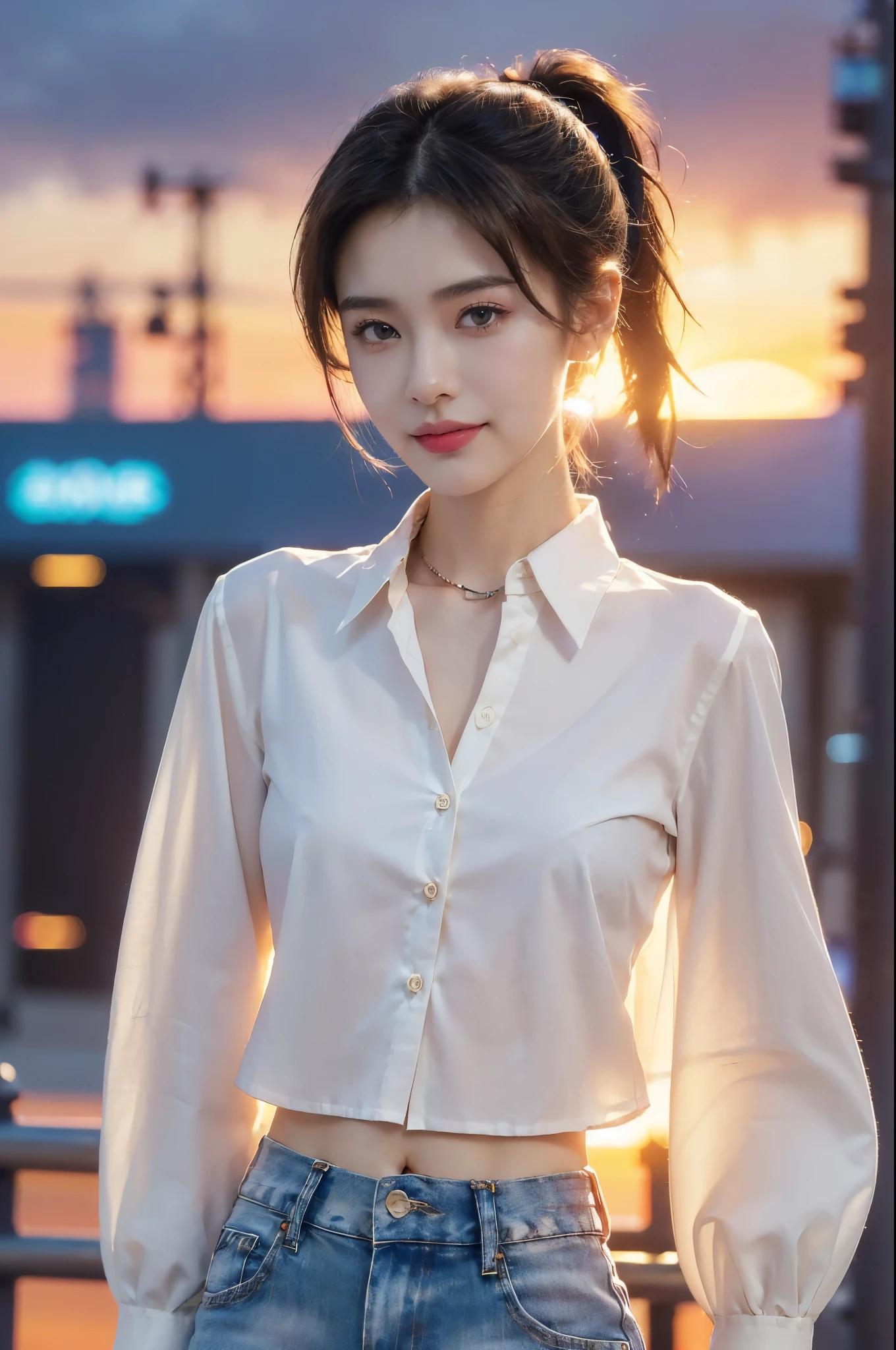 (((best quality))),(((ultra detailed))),(((masterpiece))),illustration,((1 beautiful girl,solo)),((short half ponytail,short hair)),(fair skin:1.3),(detailed eyes:1.3),(smile:1.3),((slim,thin)),((small breasts,flat chest)), (oversize white collared sleeved shirt:1.3),((open shirt,unbutton)),(micro denim shorts:1.2),(slender legs:1.2),(standing:1.3),((vibrant colors, soft glow)), (active and healthy lifestyle,youthful charm),((on the street,cyberpunk city, towering skyscrapers)),(warm sunset glow:1.3),(detailed background:1.3),((vivid neon signs, holographic advertisements, electric atmosphere)),(outdoor:1.3),((summer,dusk scene)),((from front,upper body))