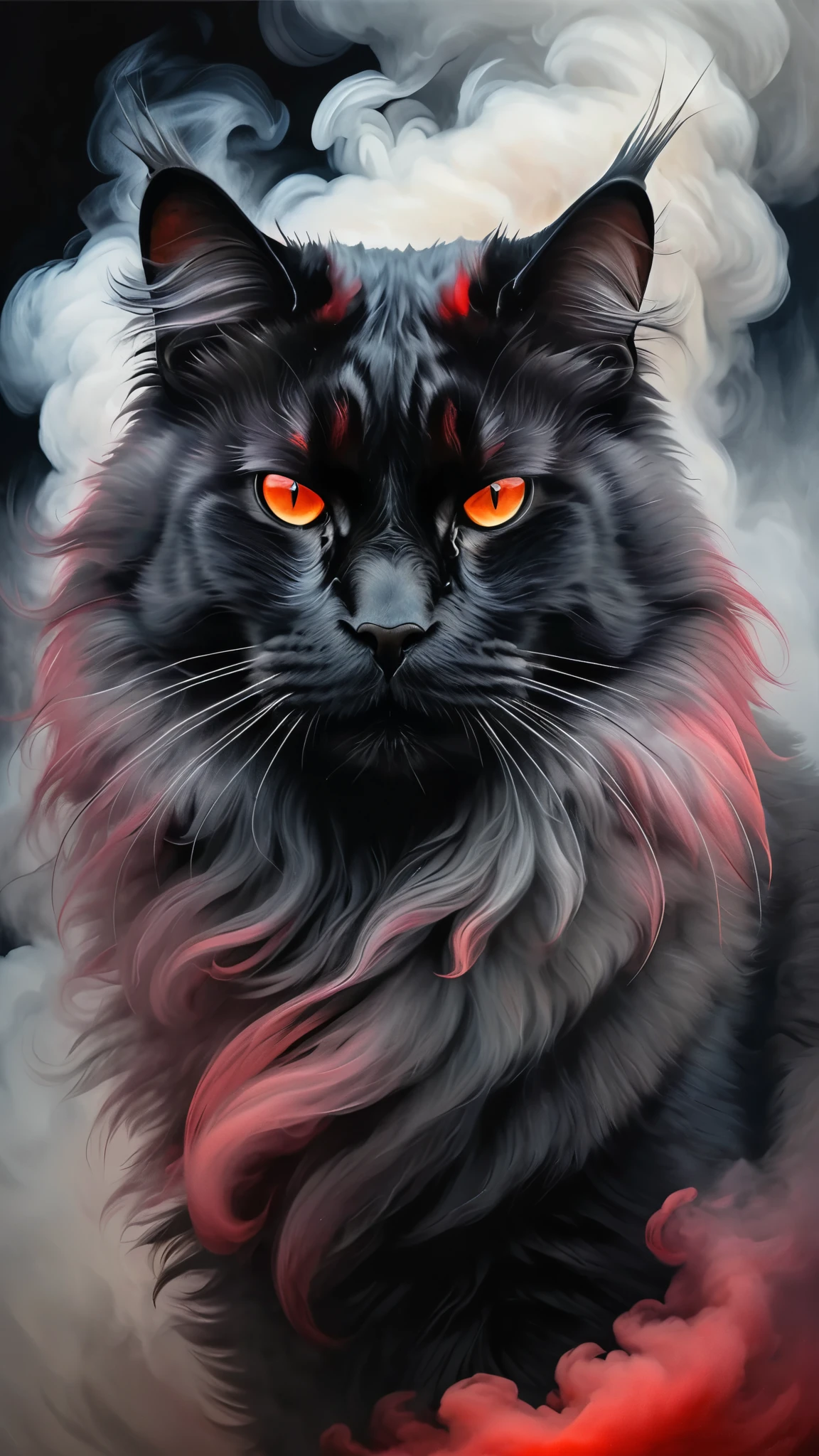 portrait of a large cat covered in cloud of smoke, whirlwind, red highlight colors, black fur, majestic, hints of pastel, misty, sultry, breathtaking, oil painting style, artistic, aesthetic modern art, hyper-realism, line art