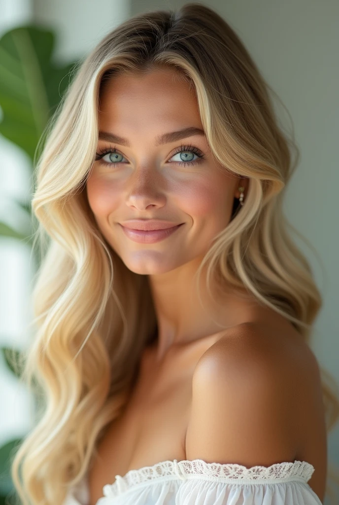 Pretty young blonde American woman with blue eyes
