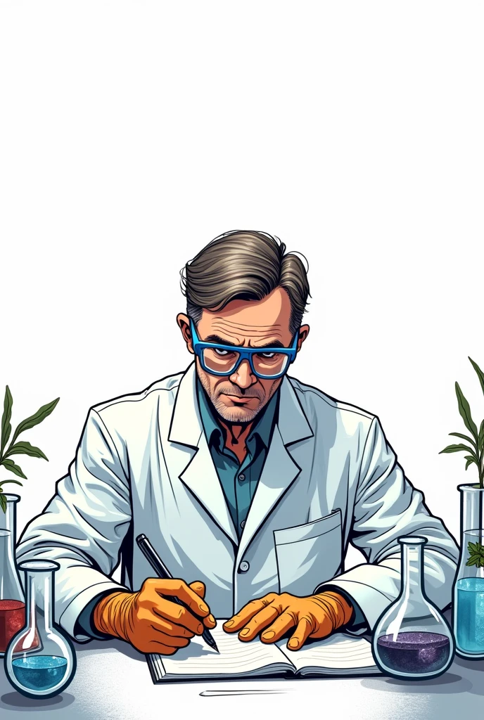comic book art with a white background of a scientist taking notes on a sample