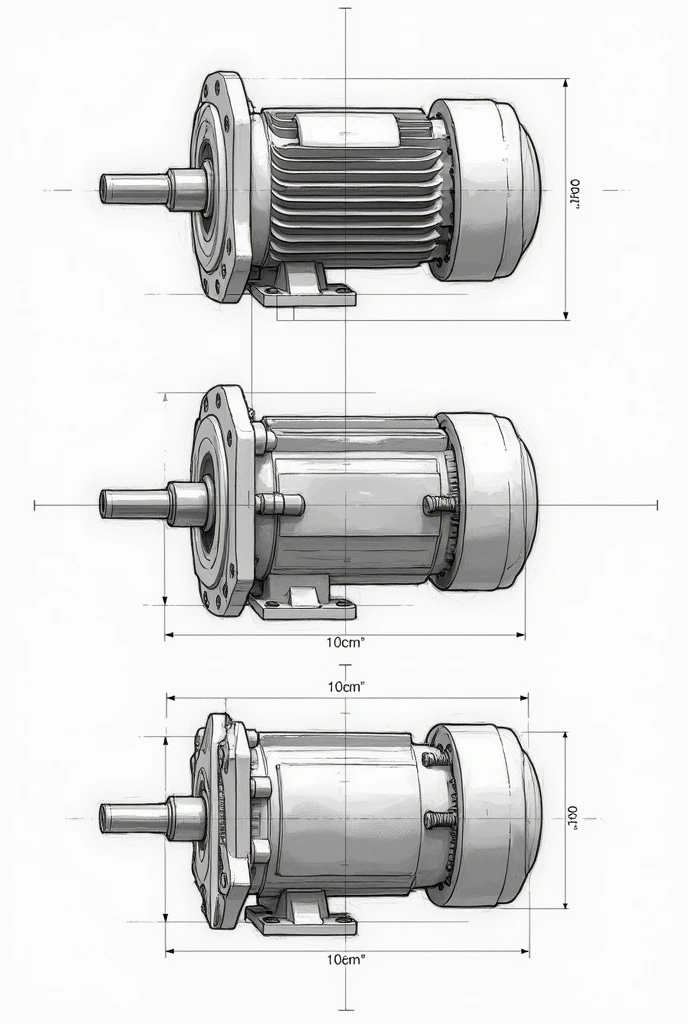 make a sketch of maintenance of motors with brakes, in real sizes. Having 3 views, front view, lateral e superior. em 2d