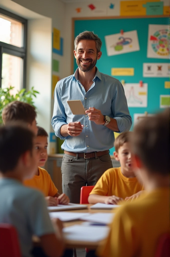 A male teacher is teaching with 10 students between the ages of 8-10  having fun learning.
((best quality)), ((Masterpiece)), (details), perfect face