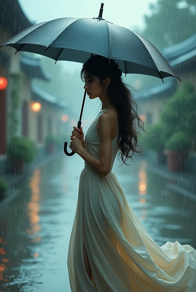 Lady under the rain with umbrella