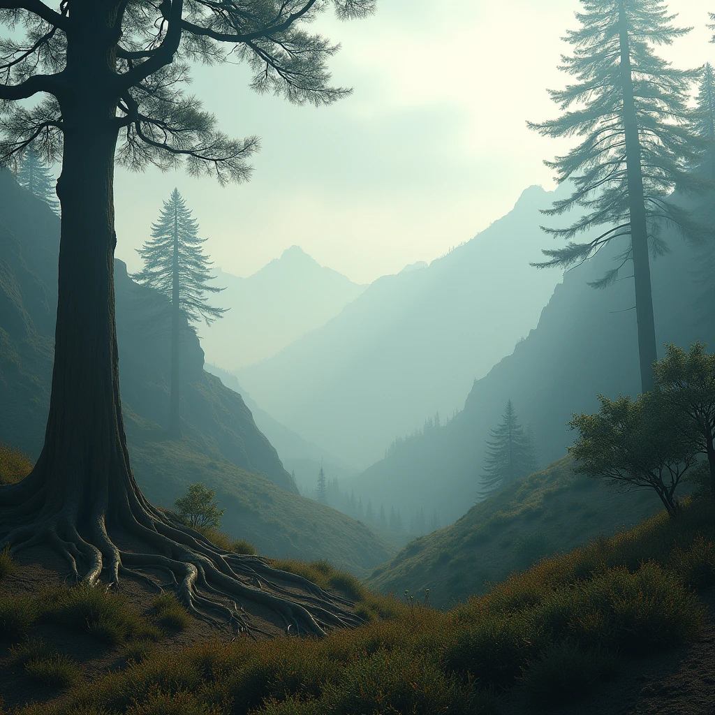 Creating desolate landscapes of valleys and mountains, Thick fog shrouded, Sunshine is scarce, Trees with tangled roots,Thick trunk, and bushes reminiscent of grass and grass, In surreal landscapes, 4K, Movie Lighting, Natural Lighting, Film Grain, Movie Lighting, High Detail, Photorealism, Photorealismistic, Volumetric lighting and shadows
