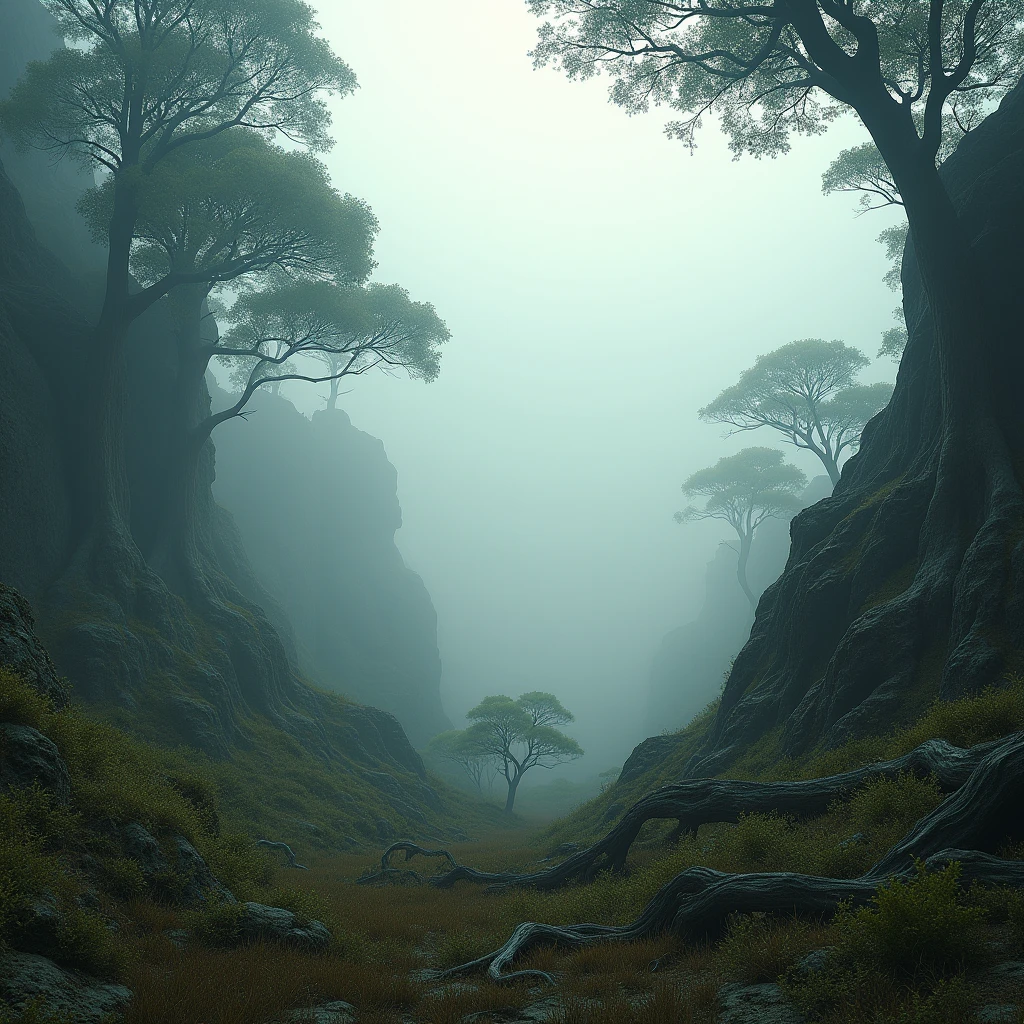 Creating desolate landscapes of valleys and mountains, Thick fog shrouded, Sunshine is scarce, Trees with tangled roots,Thick trunk, and bushes reminiscent of grass and grass, In surreal landscapes, 4K, Movie Lighting, Natural Lighting, Film Grain, Movie Lighting, High Detail, Photorealism, Photorealismistic, Volumetric lighting and shadows