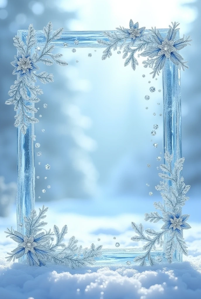 Ice themed card frame with diamonds and crystals and beautiful ice patterns and designs transparent no background hyperrealistic with with thin width