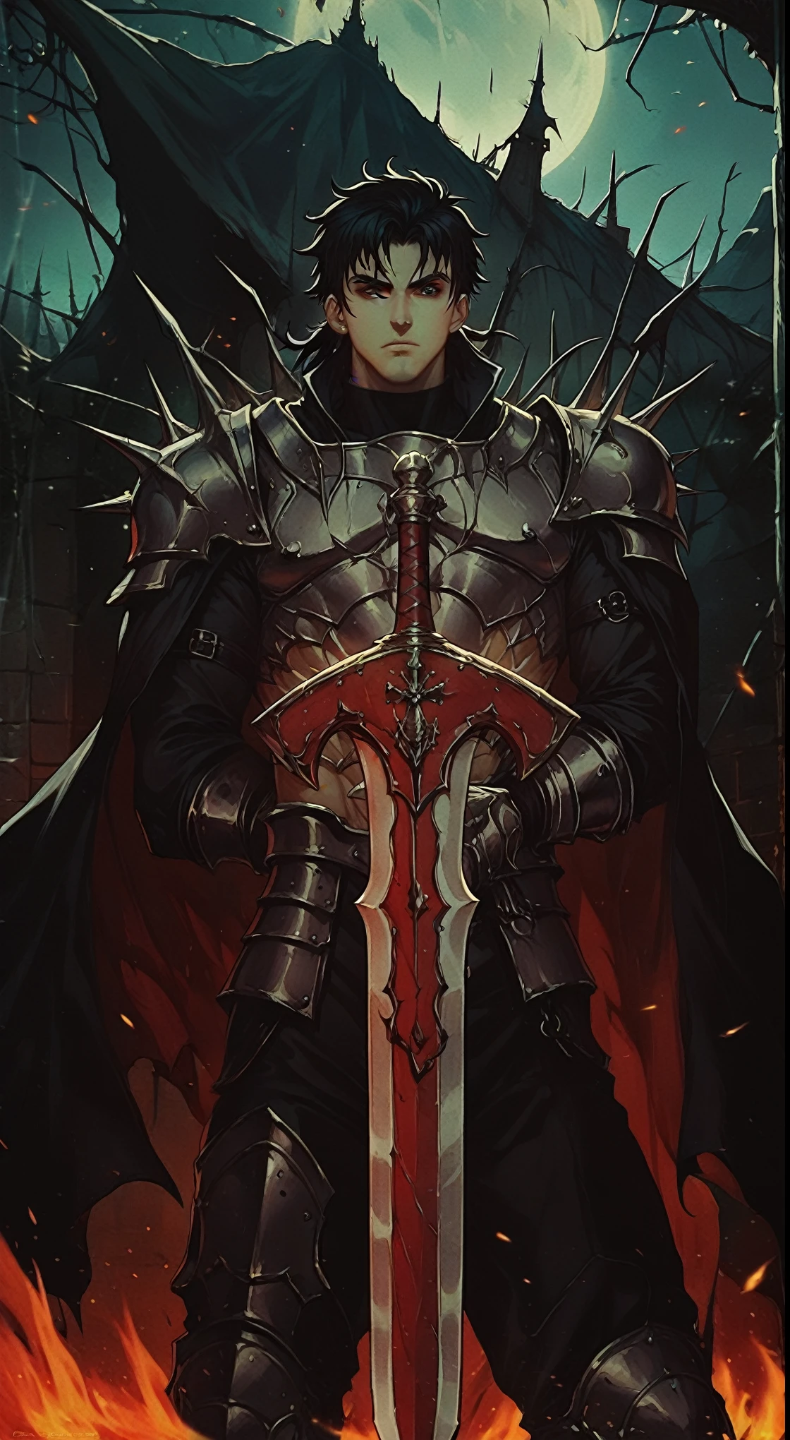 a close up of a person holding a sword in a fire, berserk skullknight black armor, berserk art style, handsome guy in demon slayer art, male paladin, a human male paladin,hair tied back, by Yang J, ares with heavy armor and sword, anthropomorphic raven knight, with large sword, epic fantasy art style, holds a black sword