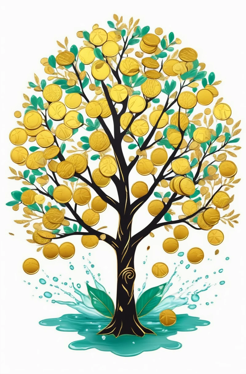 1sticker,a sticker, Nikkaze,(A tree full of gold coins),(Brilliant décor),(Fortune cicada),(Traditional coats of arms),gold coins,Golden branches and jade leaves,Background brushstrokes in ink style,water ink, white backgrounid, nothing background, simple backgound, dk, badges,logo, pastel colour, vectorstyle, no gradien