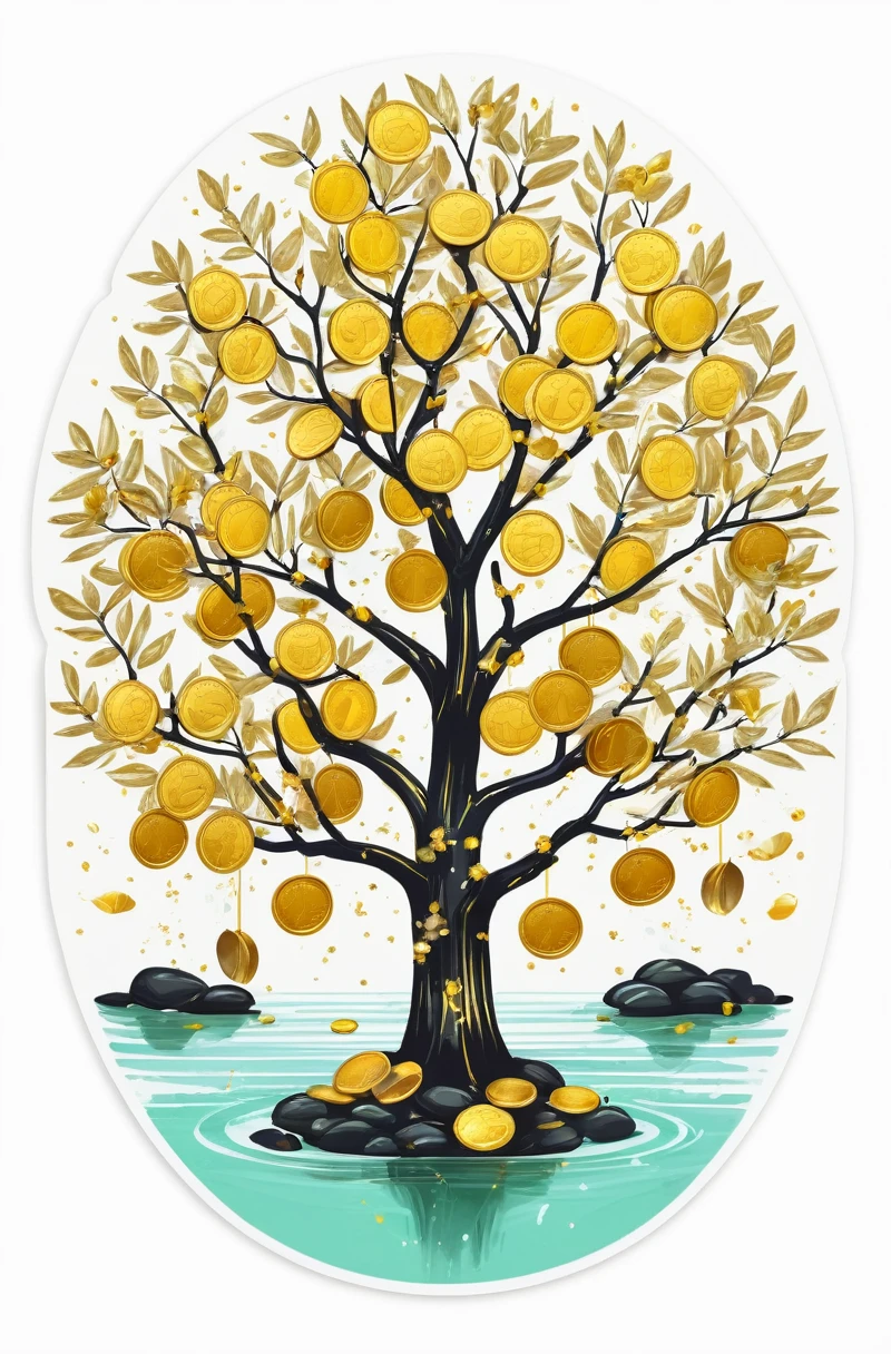 1sticker,a sticker, Nikkaze,(A tree full of gold coins),(Brilliant décor),(Fortune cicada),(Traditional coats of arms),gold coins,Golden branches and jade leaves,Background brushstrokes in ink style,water ink, white backgrounid, nothing background, simple backgound, dk, badges,logo, pastel colour, vectorstyle, no gradien