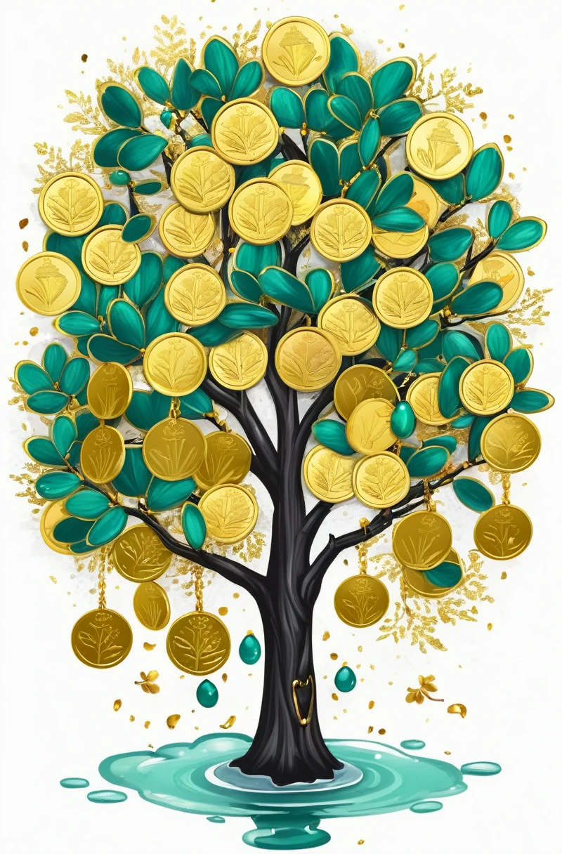 1sticker,a sticker, Nikkaze,(A tree full of gold coins),(Brilliant décor),(Fortune cicada),(Traditional coats of arms),gold coins,Golden branches and jade leaves,Background brushstrokes in ink style,water ink, white backgrounid, nothing background, simple backgound, dk, badges,logo, pastel colour, vectorstyle, no gradien