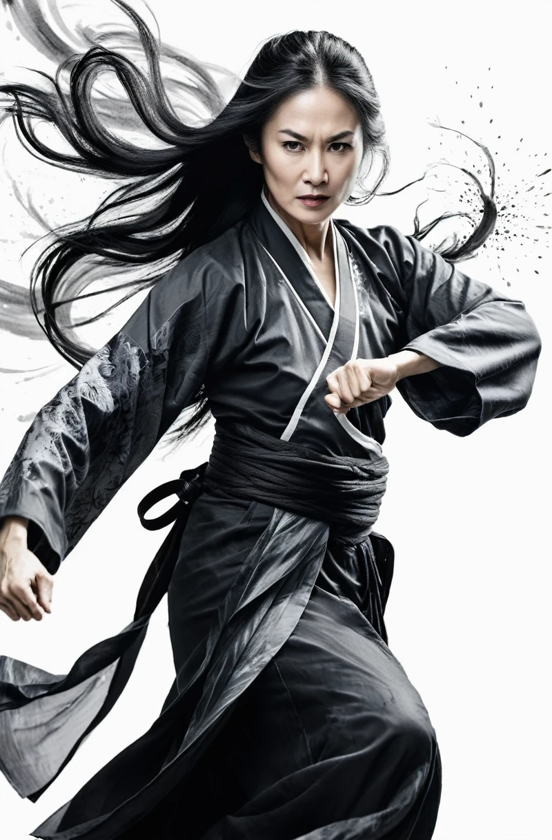 zydink, monochrome, ink sketch, asian (middle age woman), fighting stance, looking at viewer, long hair, floating hair, hanfu, chinese clothes, long sleeves, (abstract ink splash:1.2), white background