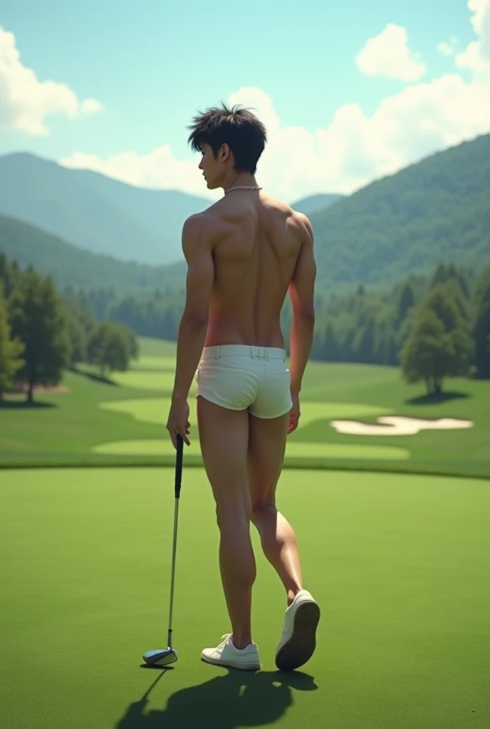 Real photo style、Realistic、Cute handsome man、Idol face、、Japanese、Slim body、Mash Hair、Completely naked、Full nudity、Back view of a man playing golf on the golf course、Butt Exposed