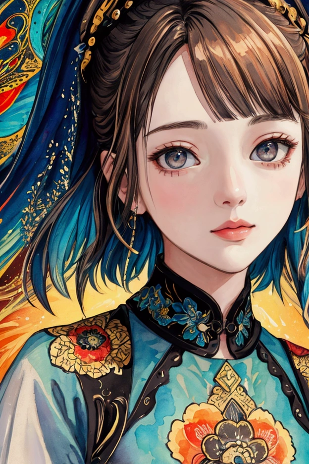 A masterpiece of top quality, with the best quality and official art standards, featuring a beautiful and visually stunning girl:1.3. This artwork is extremely detailed, rich in colors, and exquisitely detailed. It is created using watercolor painting techniques:1.3, resulting in a vibrant, lively, and unique visual experience. The optical blending technique used brings a playful pattern and adds depth to the artwork, enhancing its overall texture and color richness.
