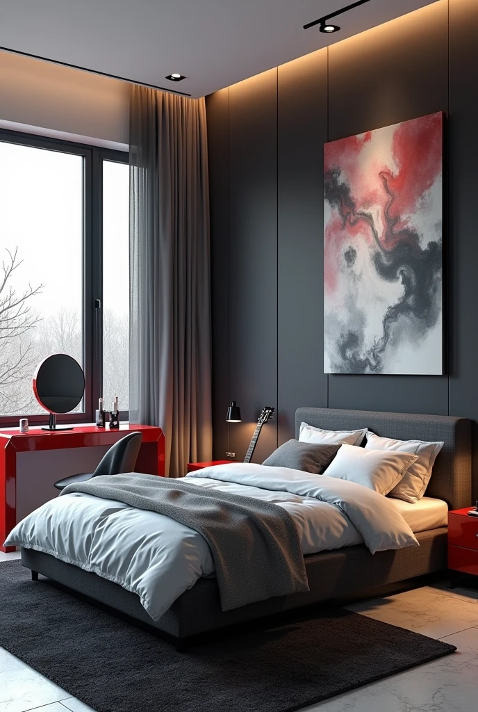 Professional 3d architecture rendering design of modern girl teenage room with modern dark bed and light silver blanket and sheets modern red glassy makeup table and glassy chairand glassy black gitar And modern windows and beautiful and modern painting wall with tailor suieft painting and modern windows and showing complete bed room and light gray stone for floor and elegant dark carpet