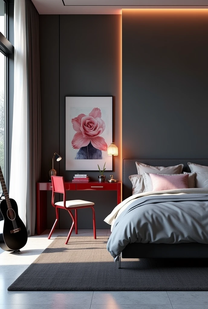 Professional 3d architecture rendering design of modern   girl teenage  room with modern dark bed and  light silver blanket and sheets modern   red glassy makeup table and glassy  chairand  glassy black gitar   And modern windows  and beautiful and modern painting wall with tailor suieft painting  and modern windows and showing complete bed room and light gray stone for floor and elegant  dark carpet 