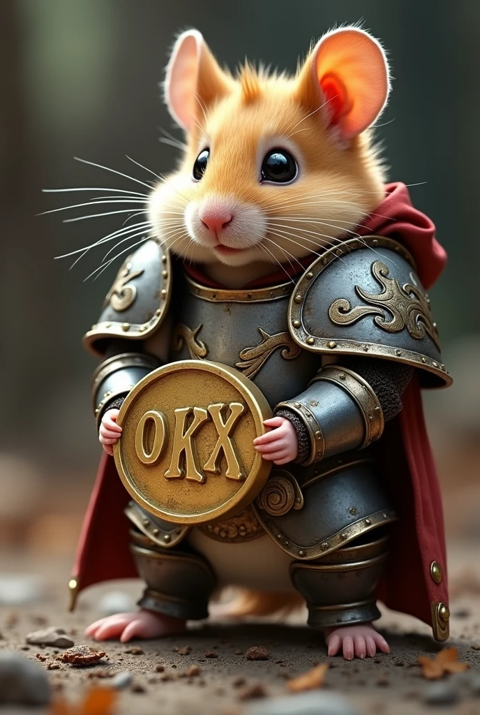 Hamster in iron armor holding coin with OKX lettering