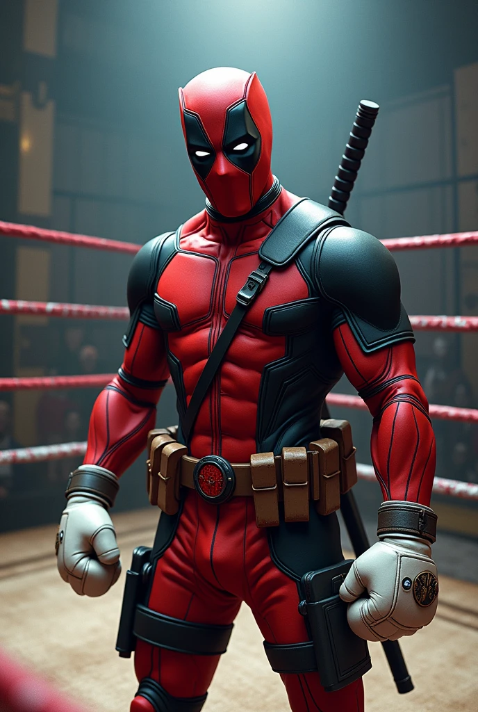 a boxing ring, Deadpool , wearing white boxing gloves
