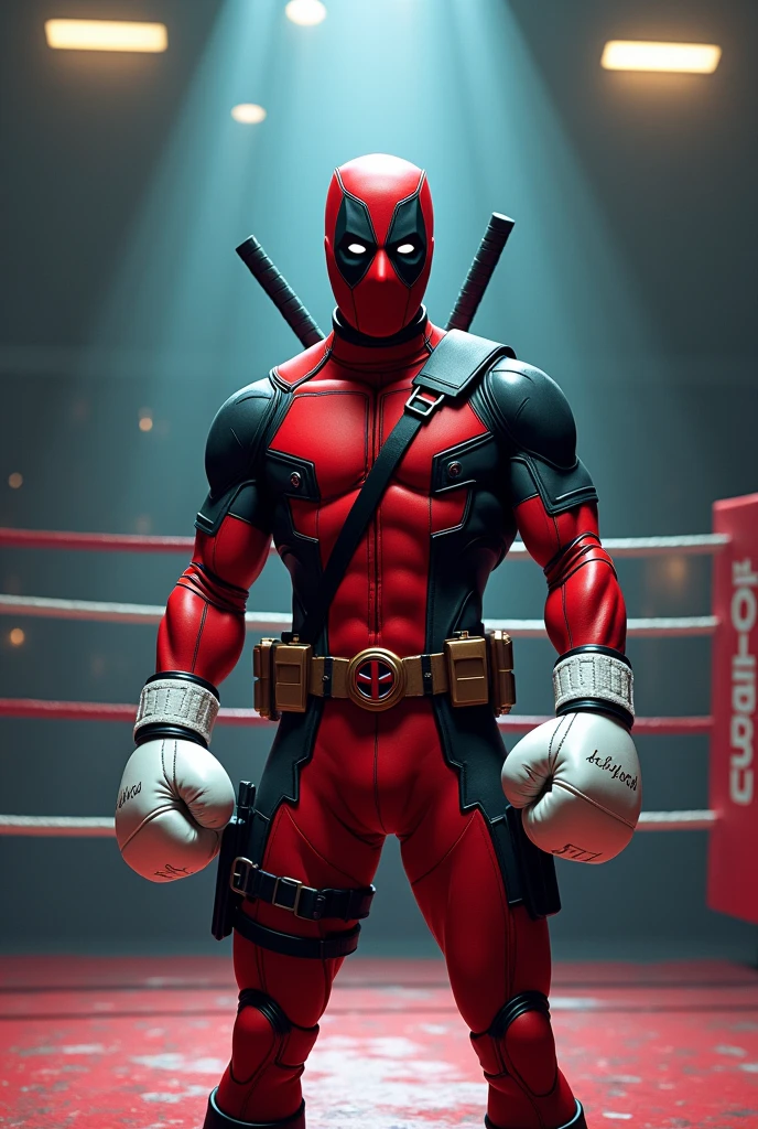 a boxing ring, Deadpool , wearing white boxing gloves