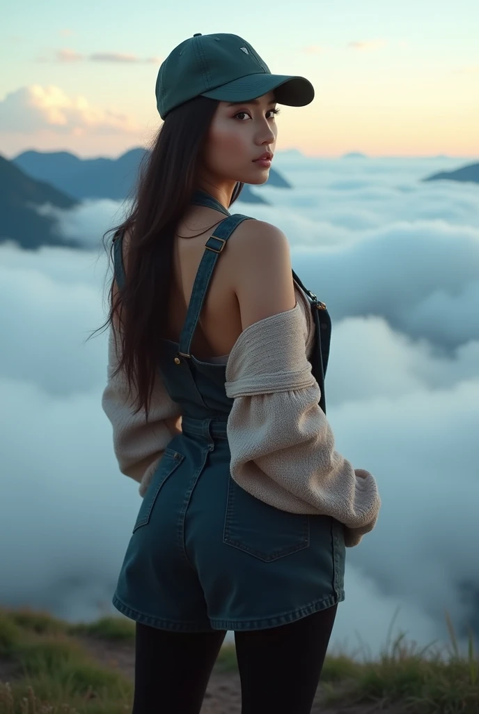 full-body portrait photograph of a young java woman hijab with polo Cap, wearing pinafore with tight-fitting , hotpant with leggings, oversized_breasts.", she is hiking, beautiful_breasts. Sexy body, in a unique, photoshot model, ((in sea of clouds over the mountain))), pullover, highres, 4k, HDR, 1girl, photorealistic, realistic, big booobs, turning away facial at viewer, closeup