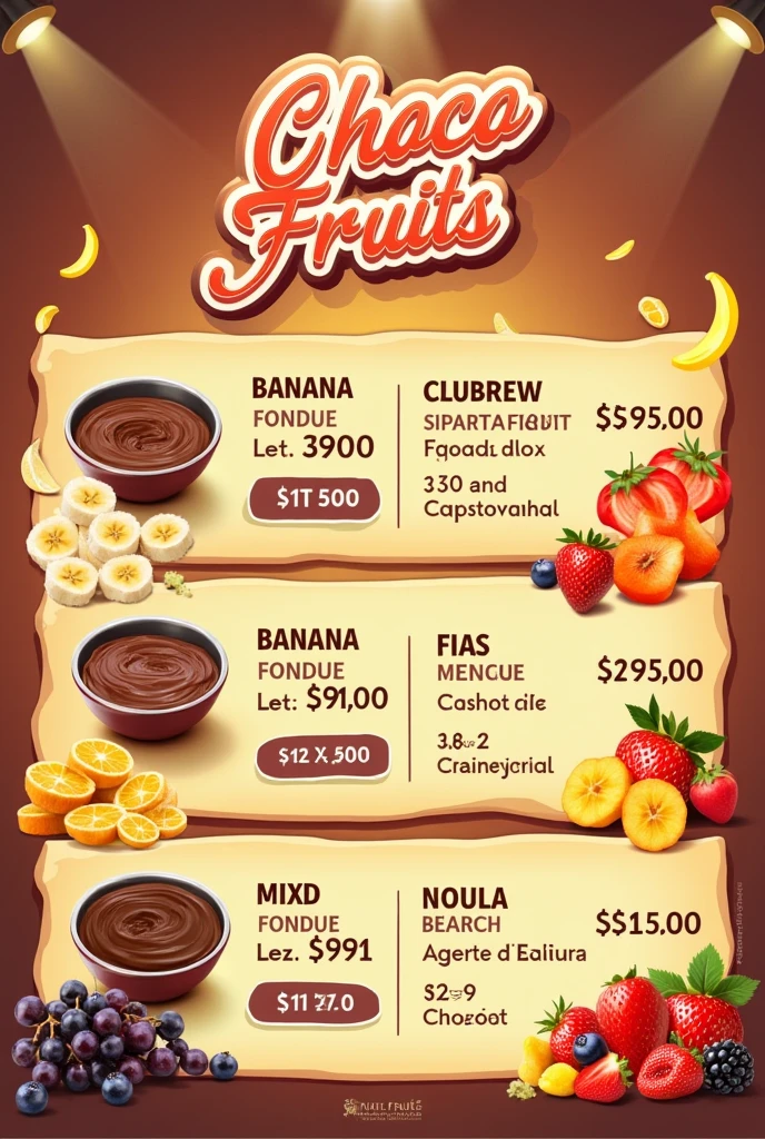 Crie um pôster para valores de uma empresa de fondue com o nome Choco fruits, com apresentação dos sabores com preço do lado Fondue Banana costs R$$ 6,00, Fondue Fini costs R$$ 7,00, Fondue Morango costs R$$ 7,00, Mixed Fondue (fruits) costs R$$ 7,00, Fondue Uva costs R$$ 8,00

