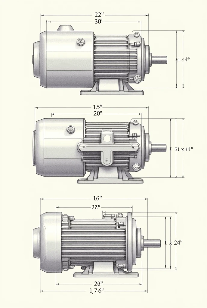 make a sketch of maintenance of motors with brakes, in real sizes. Having 3 views, front view, lateral e superior. in 2d a technical drawing