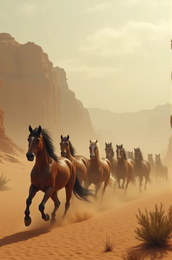 A group of horses riding on a sand desert area with fogg and smoke 