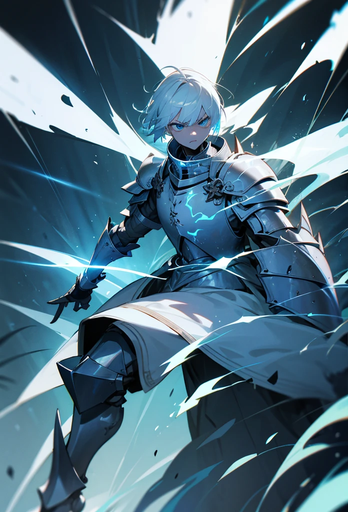 Knight, short white hair, blue eyes, big white armor, with a hole in the chest, sharp arm armor, tall, angry face, full body electricity, cool. 