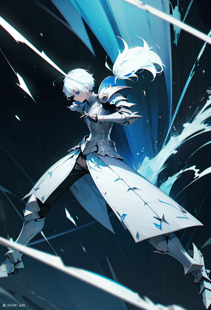Knight, short white hair, blue eyes, big white armor, with a hole in the chest, sharp arm armor, tall, angry face, full body electricity, cool.