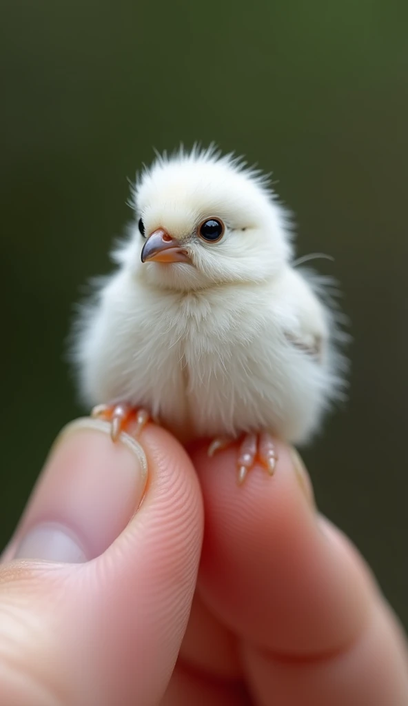 Photorealistic、8k、Micro tiny baby perched on human finger [Long-tailed Tit] The whole body is pure white and fluffy.
