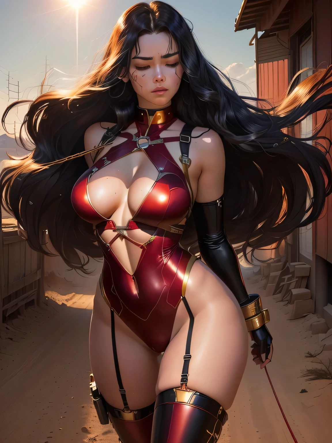 full body shot, dramatic angle, bondage, superheroine, named crimson bullet, she was captured, ((rough rope wrapped around chest tighten up2.5)), static restrained, ((arms behind back 3.5)), rope bind, tethered to a horse, pulled by horses, cuffed, collared, taken to prison, walking on the rope,cruelly, painful, helpless, humiliating, regrettable, being whipped, (made to walk), taken to jail, dragged roughly, collar pulled by chain, she remains tied up. ((rough rope wrapped around chest tighten up2.5)), static restrained, ((arms behind back 3.5)), Sweating, eyes closed, wind strong, hair blowing in wind, (Desert under the scorching sun, the sun shines), Bondage, she wears a form-fitting (red bodysuit) (sleeveless) that accentuates her athletic figure. The bodysuit has gold accents, a star emblem on the chest, and intricate designs on the shoulders, hips, and thighs. The suit's material has a metallic sheen that reflects the surrounding light, emphasizing the futuristic theme. Her hair is shiny black and very long has well-groomed waves. She wears long red metallic gloves and matching (red thigh-high boot)s, both decorated with gold trim. A futuristic gauntlet is worn on her right arm