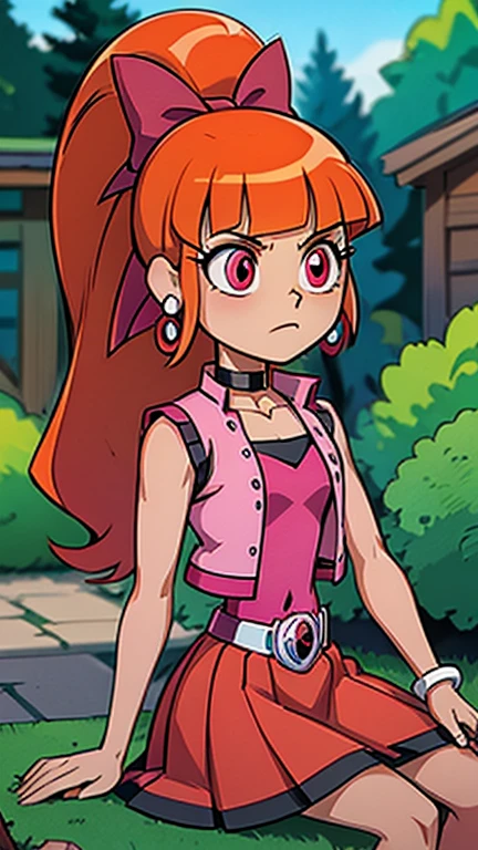 score_9, score_8_up, solo, mobian, hedgehog, two-tone fur ((orange fur, brown fur)), pyjama elastic shorts, strapless crop top, cleavage, high-top sneakers, two-tone hair (brown hair, black tip)), curly hair, halo, sunglasses, jewelry, red eyes, longeyelashes, red eyes, smile, shy, blush
