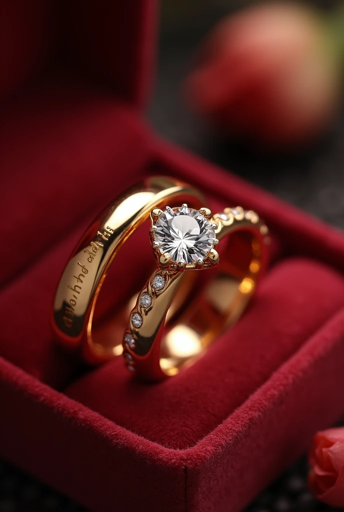 pair of gold-colored wedding and engagement rings in a velvet box, the men&#39;s ring is simple, only smooth with a light braided finish around it matching the women&#39;s ring the women&#39;s ring has a brilliant minimalist diamond stone reminiscent of a flower and around it a braided finish with small diamonds on the inside of the rings the word is engraved "AKAI TO"